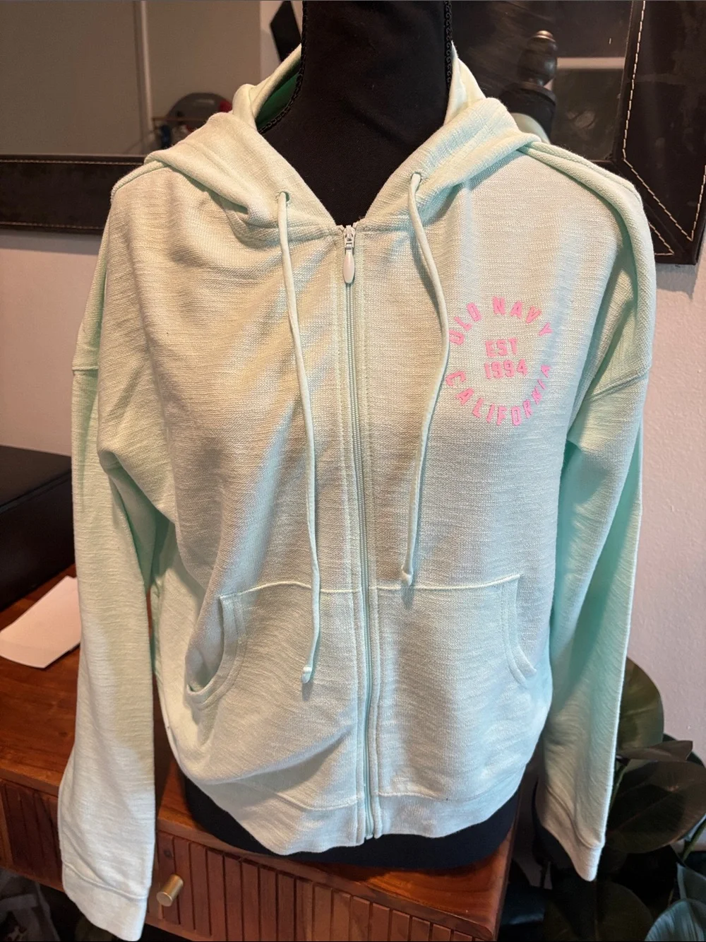 Old Navy Mint Zip-Up Hoodie with Pink Chest Logo